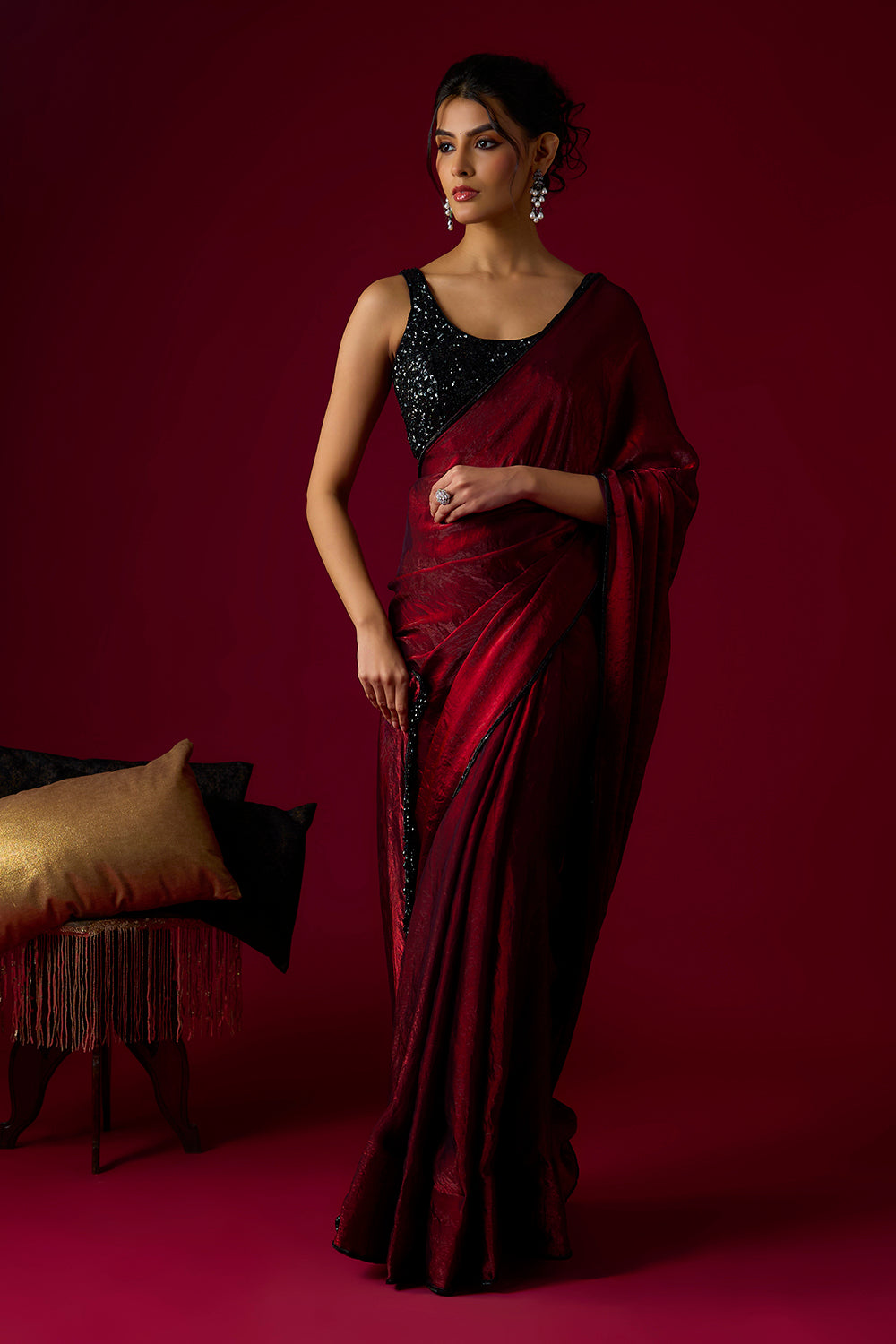Burgundy Tissue Saree Set