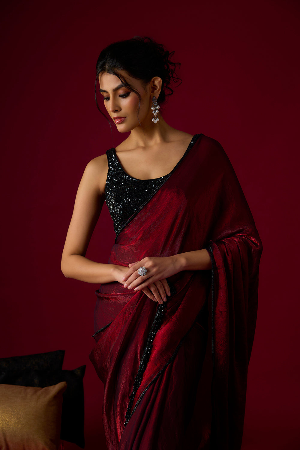 Burgundy Tissue Saree Set