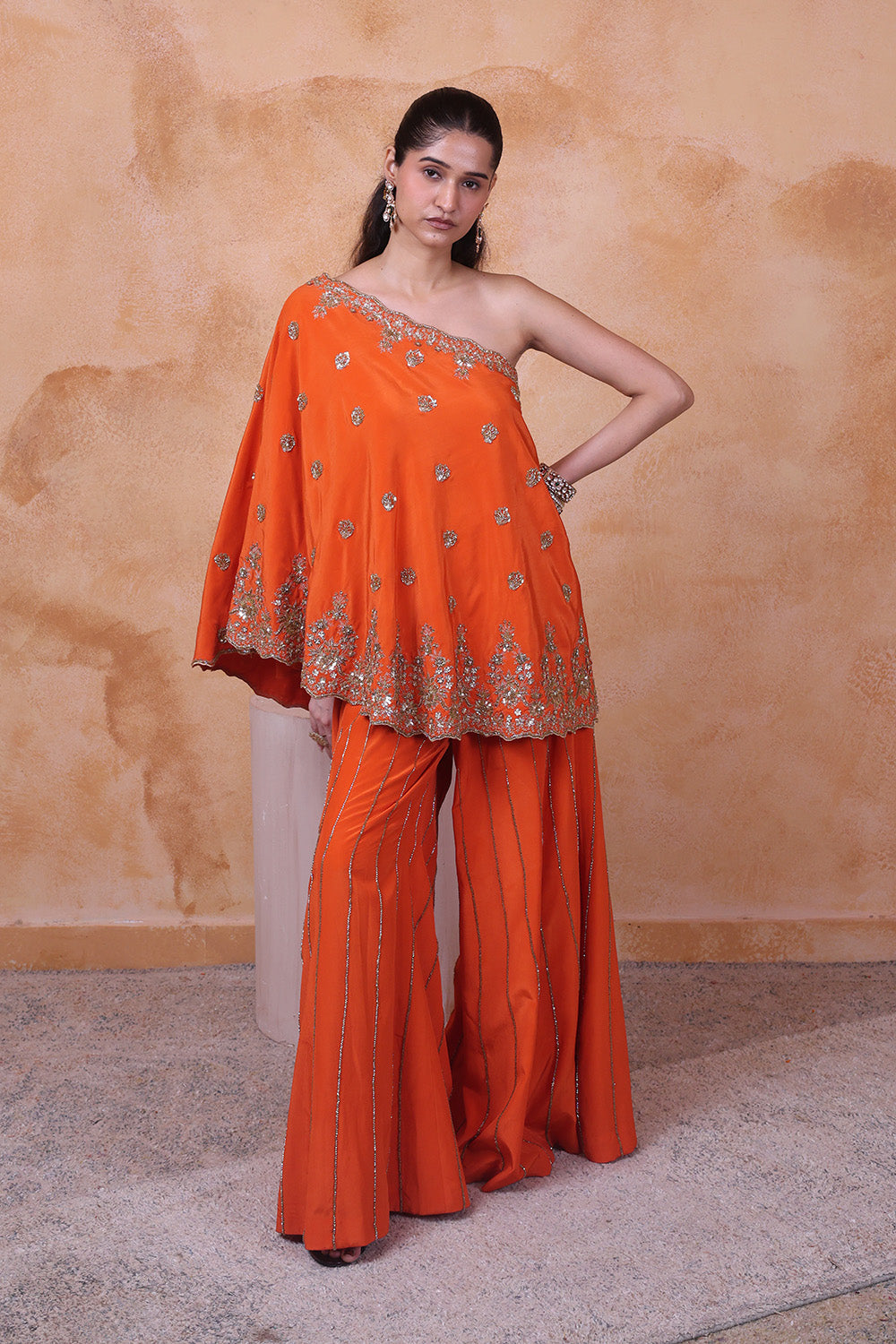 Burnt Orange One Shoulder Embellished Top and Pant Set