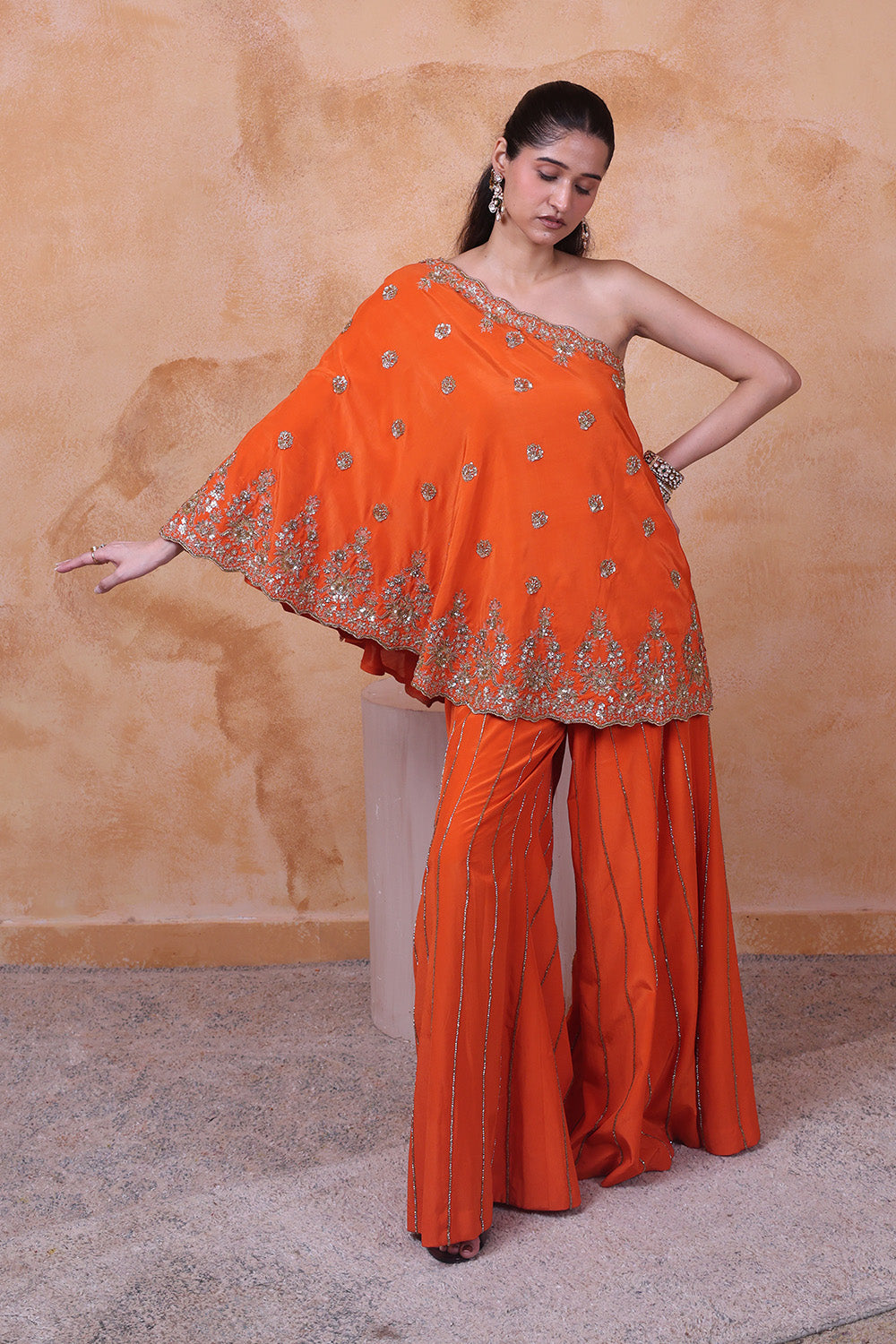 Burnt Orange One Shoulder Embellished Top and Pant Set