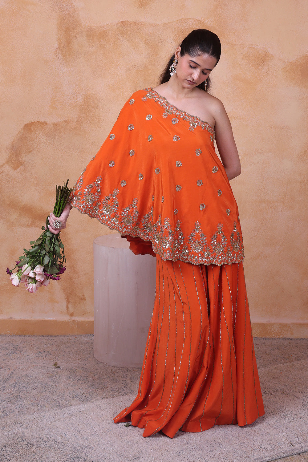 Burnt Orange One Shoulder Embellished Top and Pant Set
