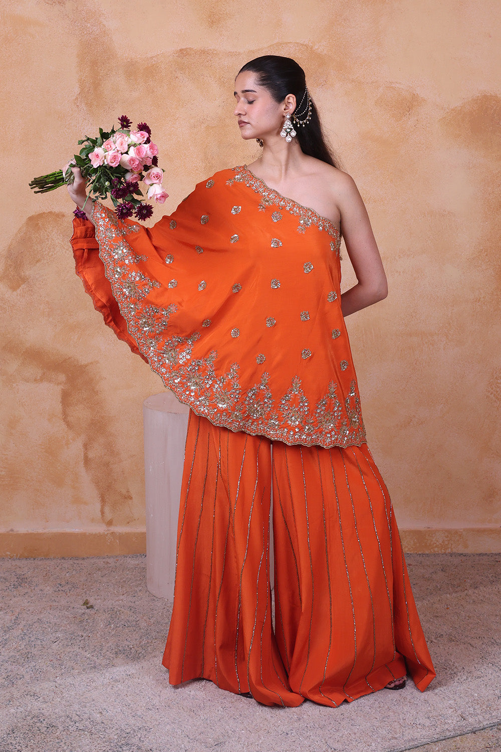 Burnt Orange One Shoulder Embellished Top and Pant Set