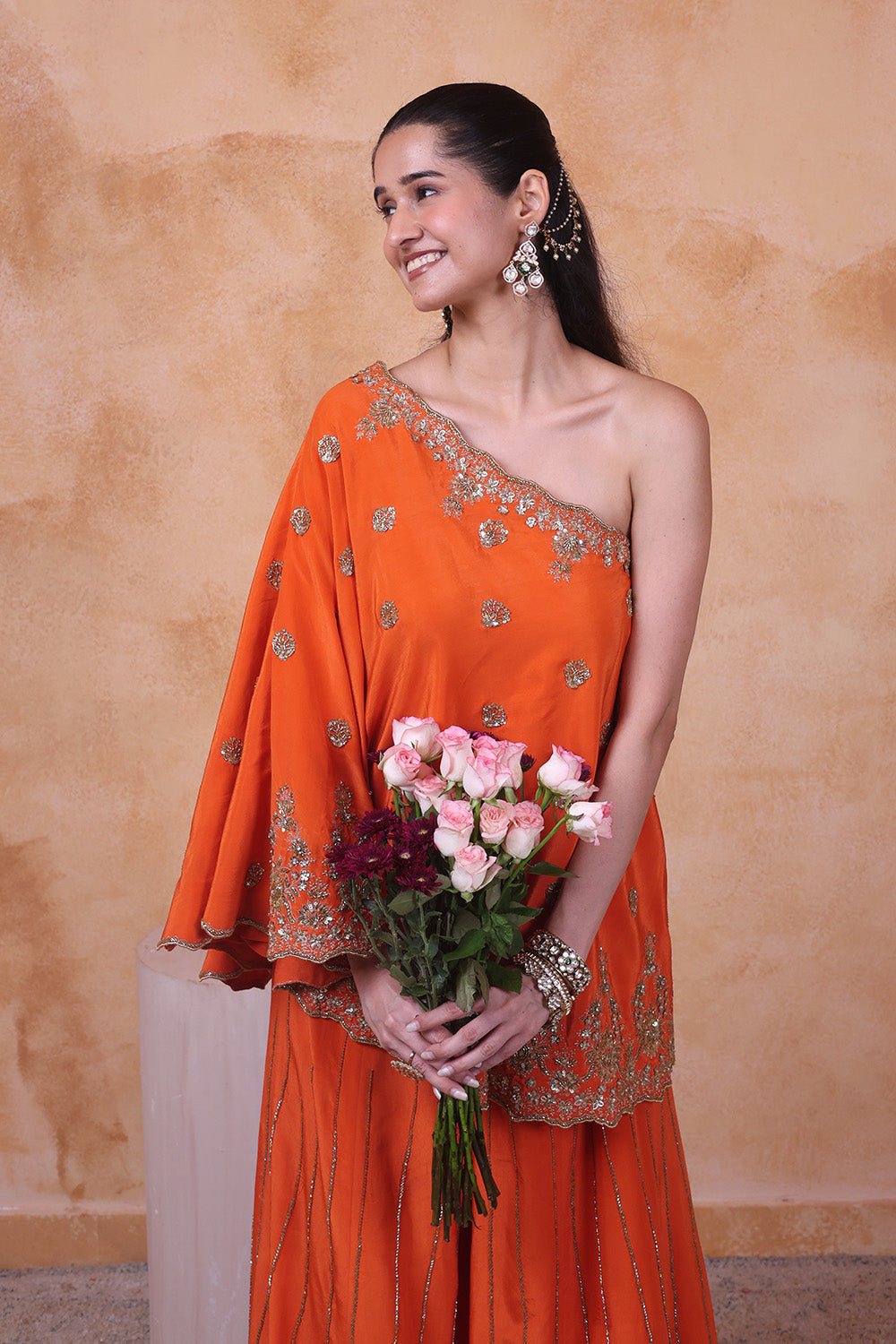 Burnt Orange One Shoulder Embellished Top and Pant Set
