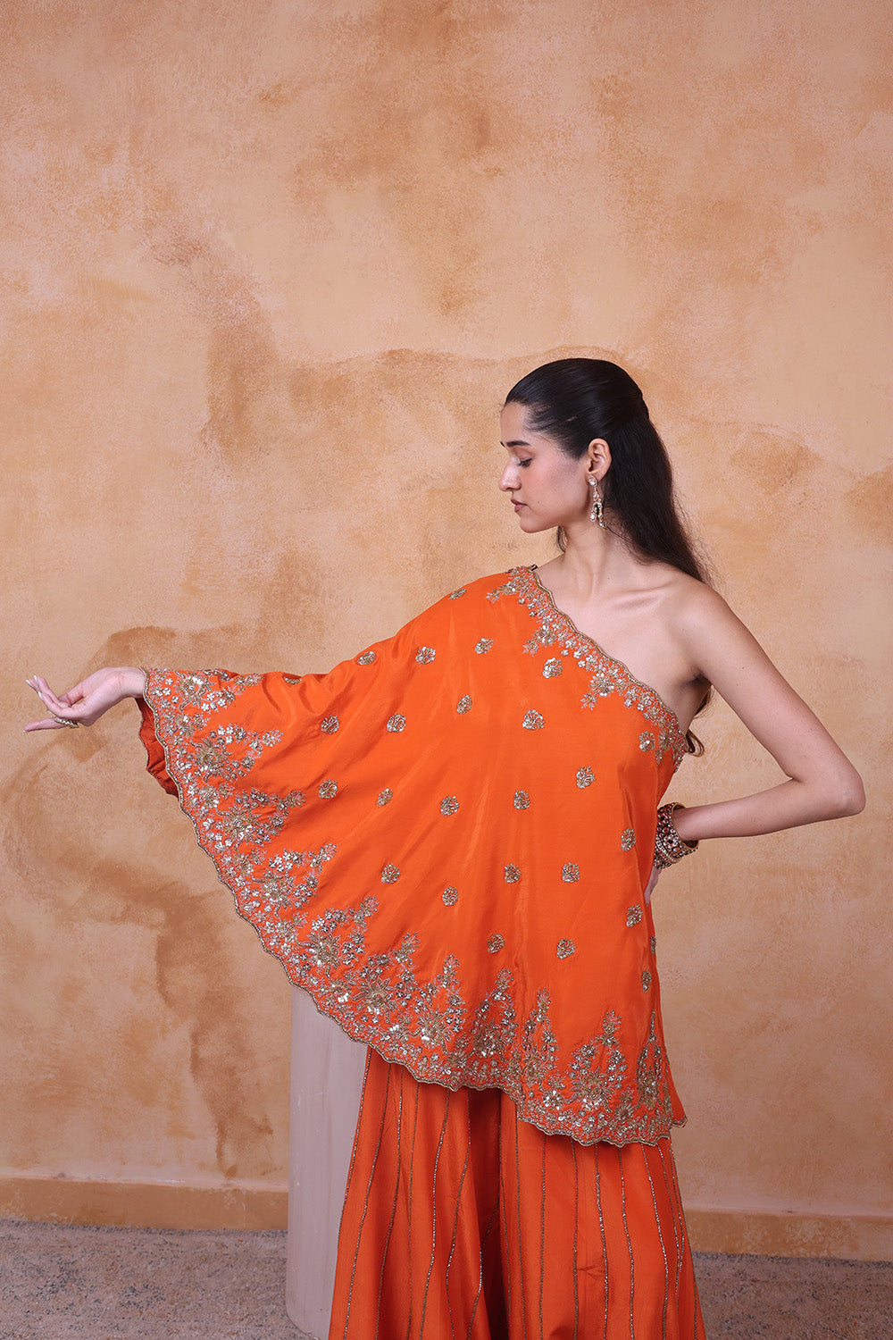 Burnt Orange One Shoulder Embellished Top and Pant Set