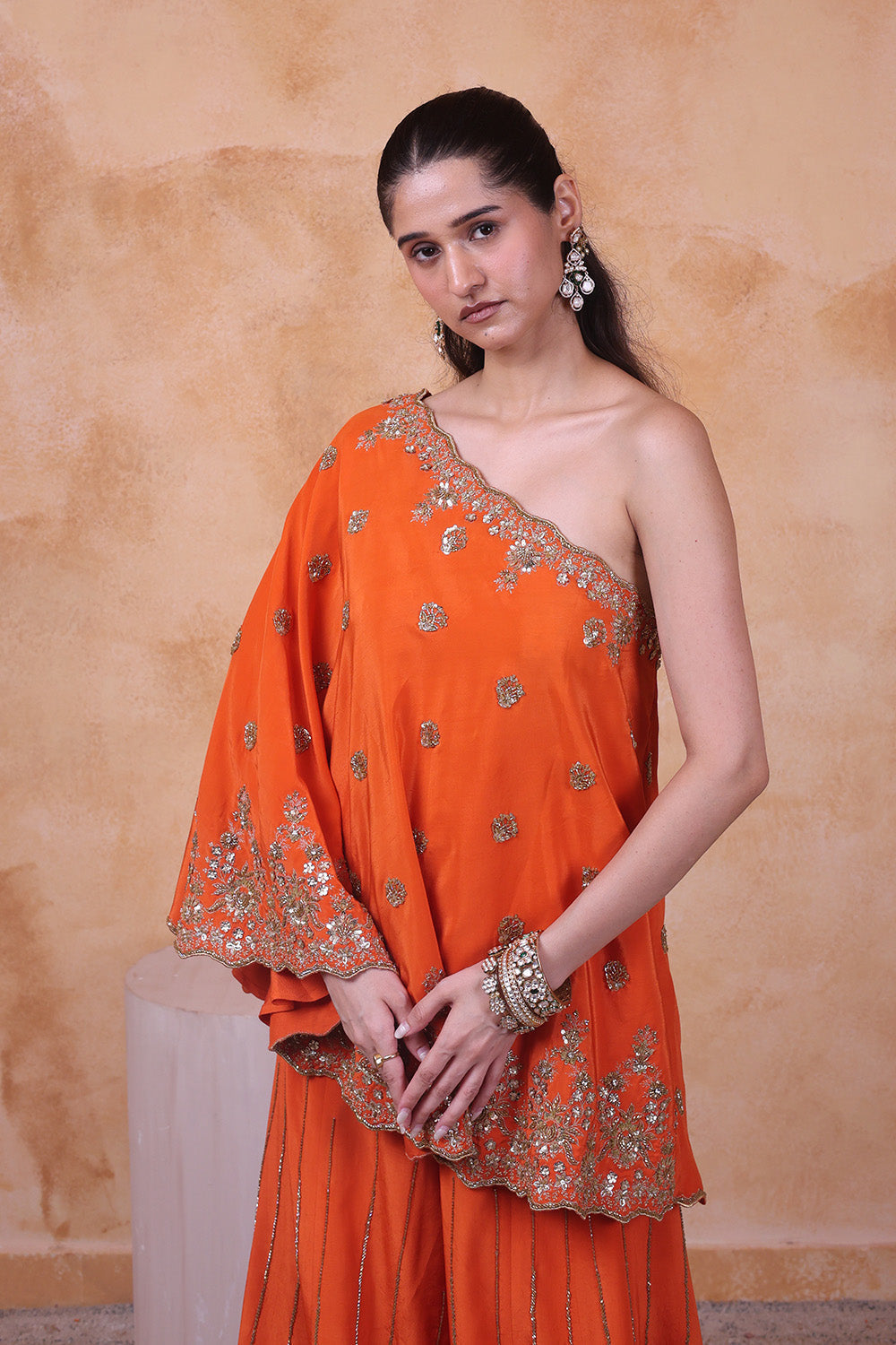 Burnt Orange One Shoulder Embellished Top and Pant Set