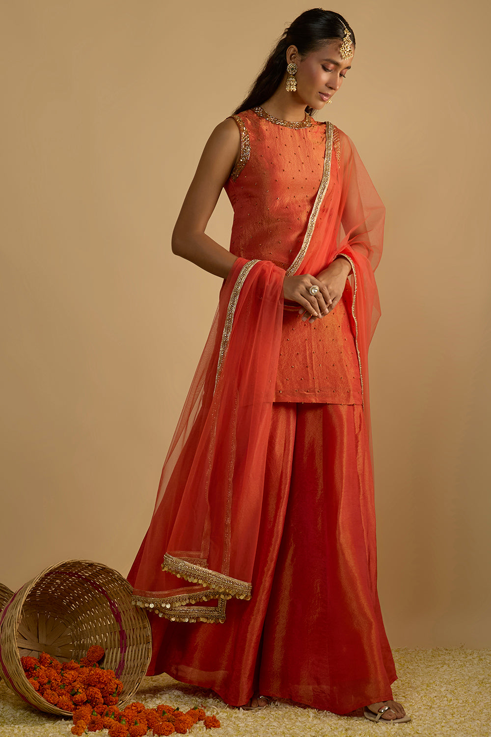 Burnt Orange Silk Tissue Short Kurta Gharara Set with Embellished Work on the Kurta and Organza Dupatta