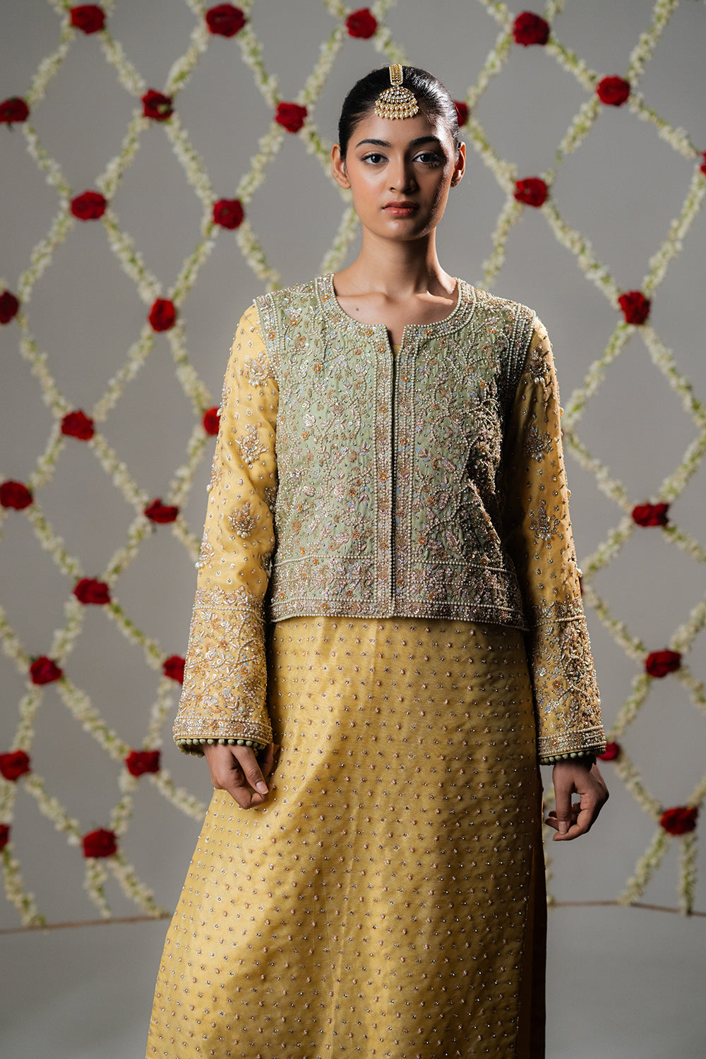 Butter Yellow Booti Tissue Jacket Set