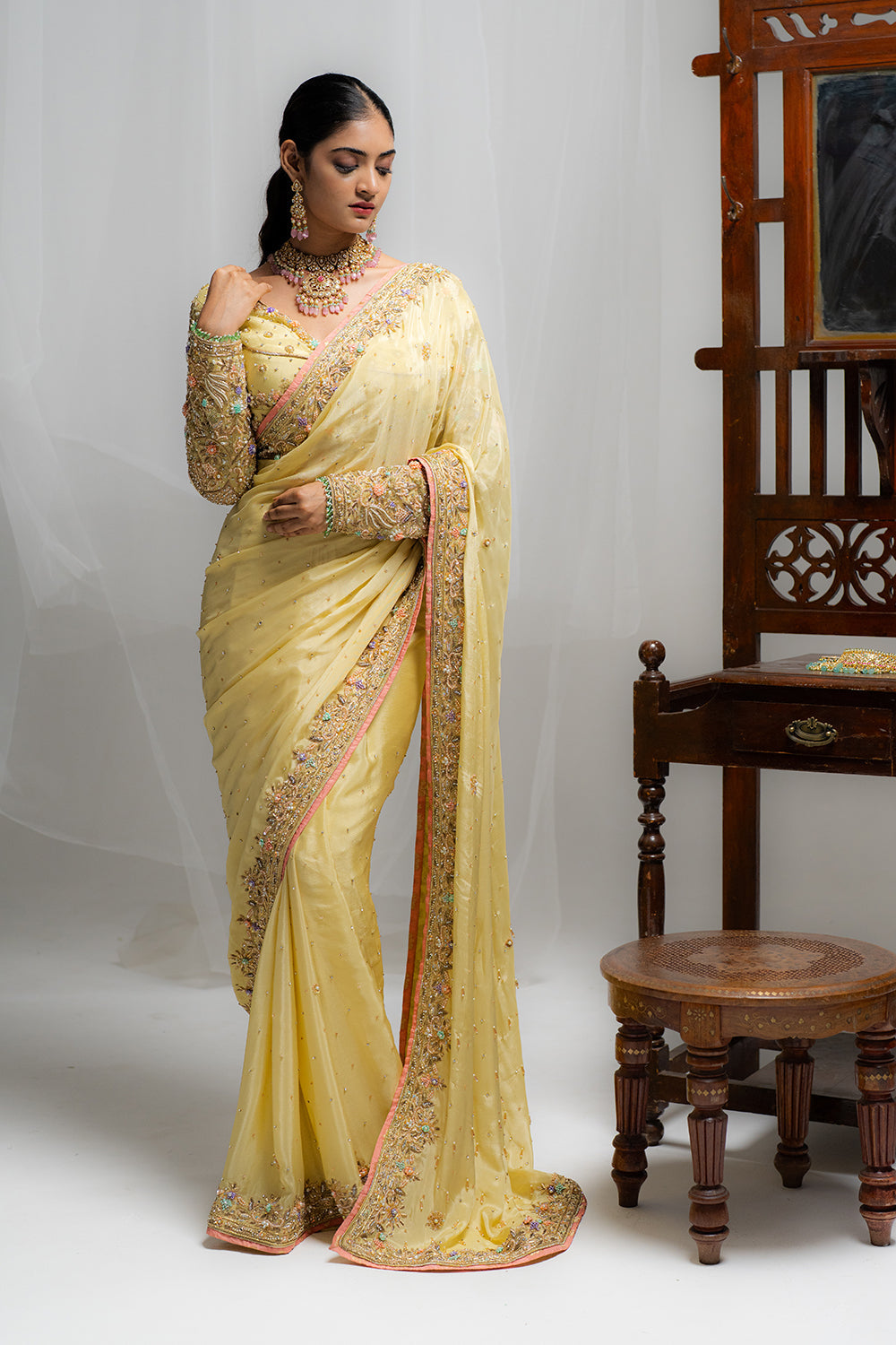Butter Yellow Chiffon Saree with Bustier Blouse