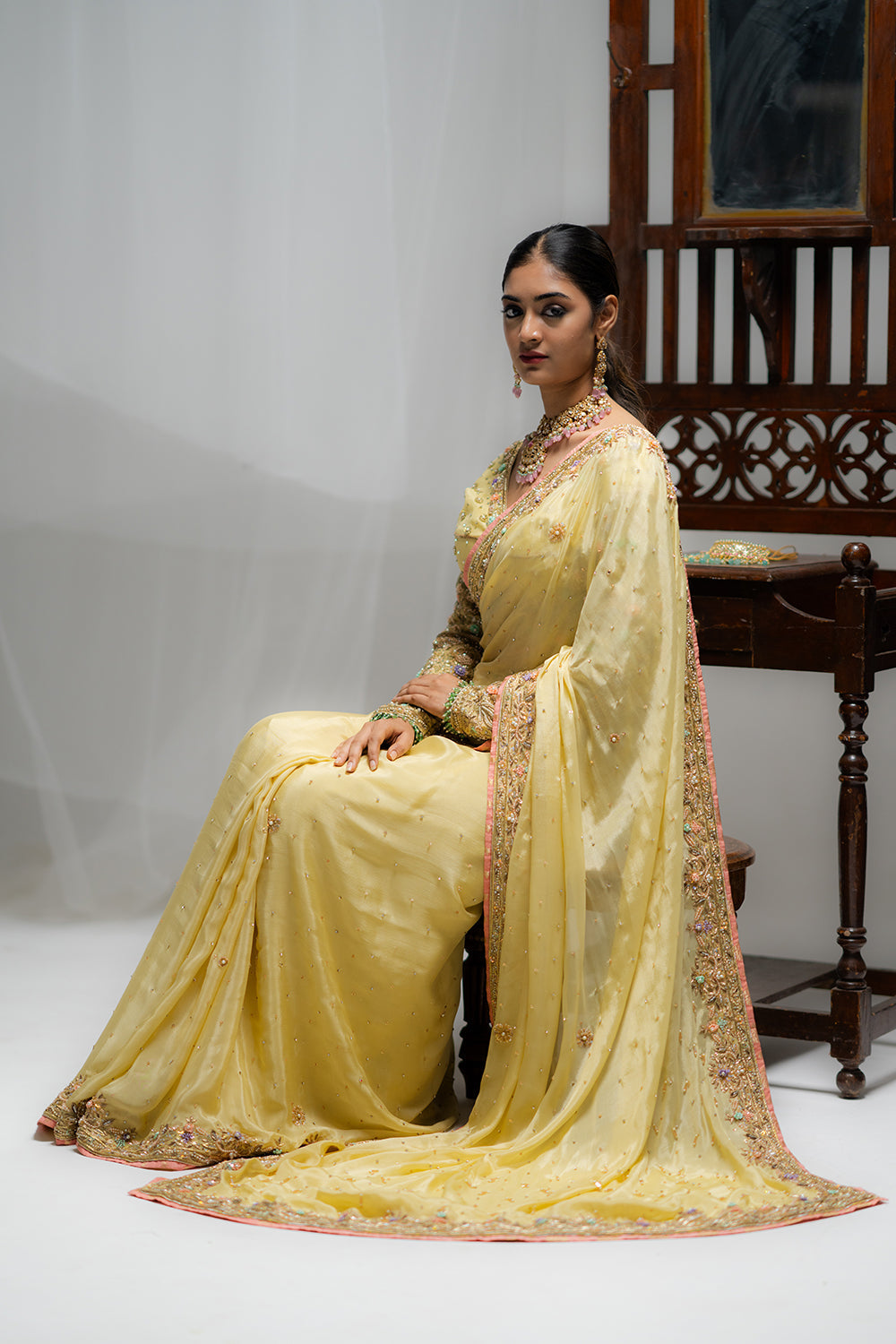 Butter Yellow Chiffon Saree with Bustier Blouse