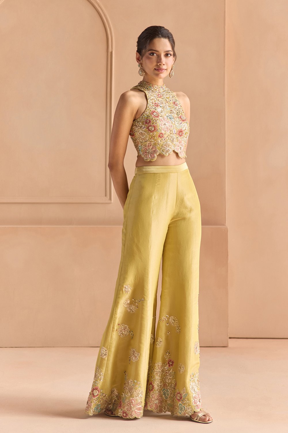 Butter Yellow Embroidered Top & Flare Pants Set
