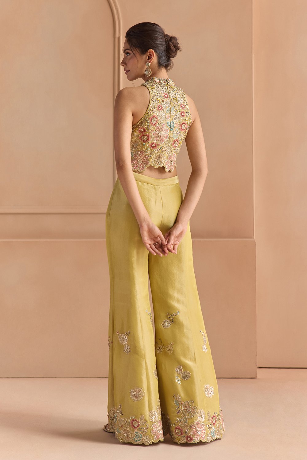 Butter Yellow Embroidered Top & Flare Pants Set