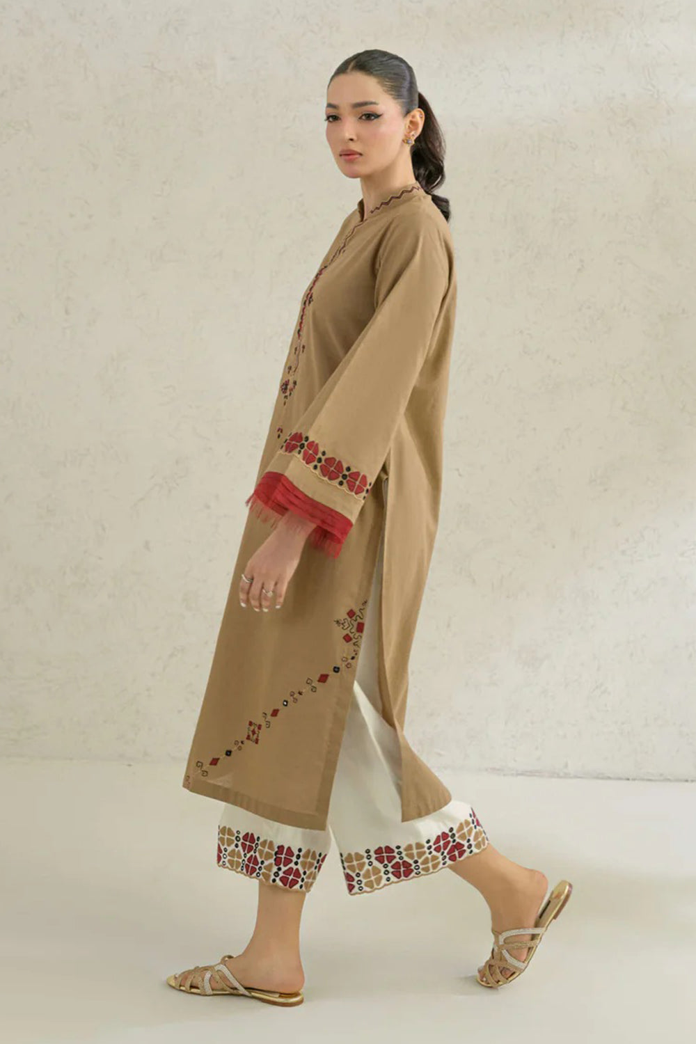 Camel Embroidered Comfort Fit Kurta Set