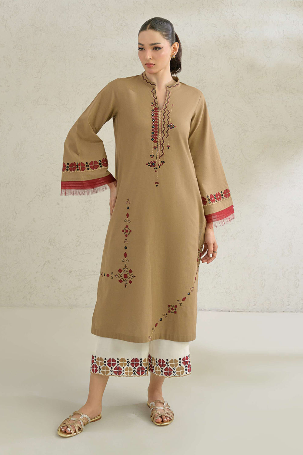 Camel Embroidered Comfort Fit Kurta Set