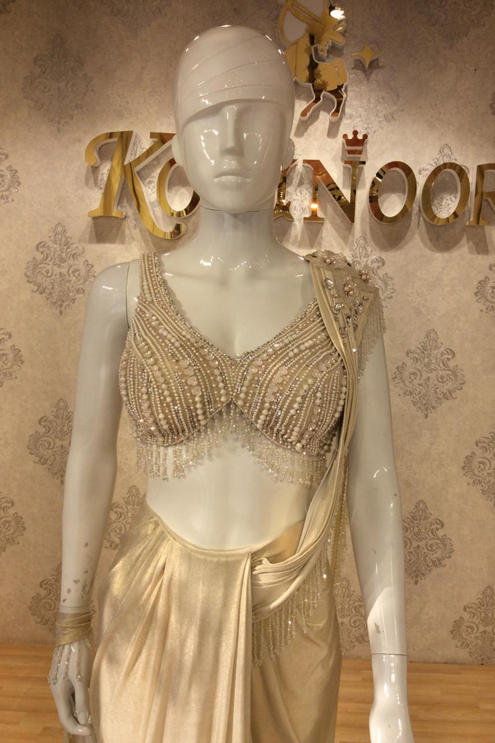 Champagne Gold Draped Saree Gown with Hand-Embellished Bustier