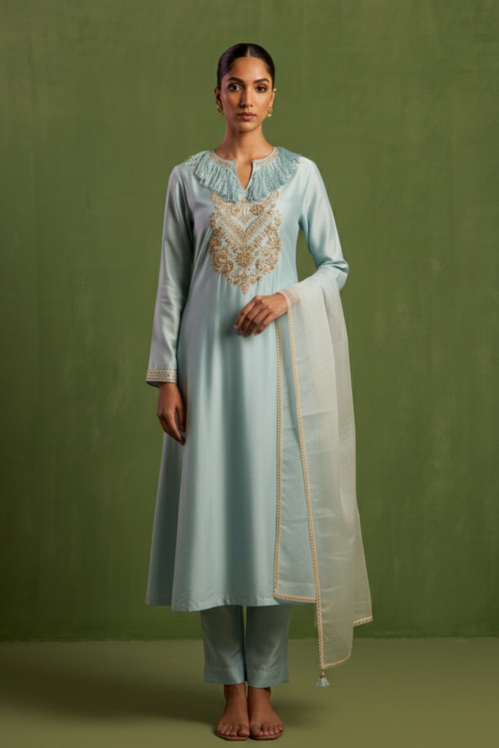 Chanderi Silk Hand Embroidered Kurta Set in Blue