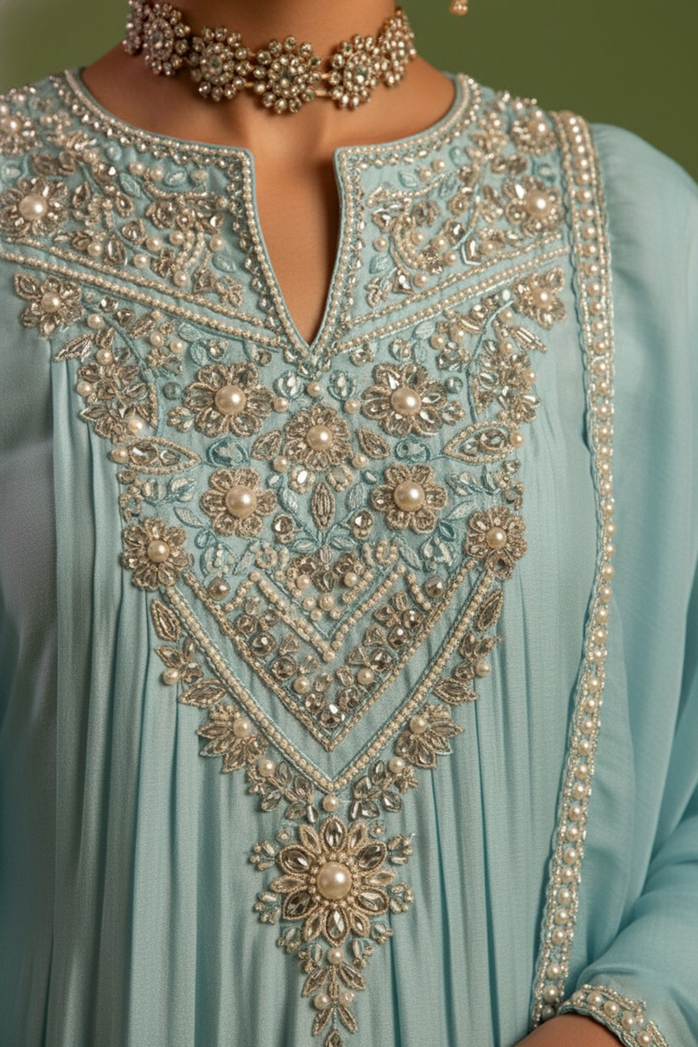 Chanderi Silk Hand Embroidered Kurta Set in Blue