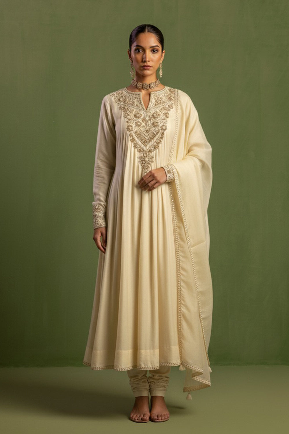 Chanderi Silk Hand Embroidered Kurta Set in Ivory