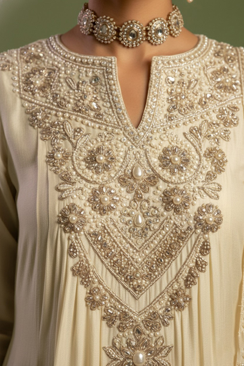 Chanderi Silk Hand Embroidered Kurta Set in Ivory