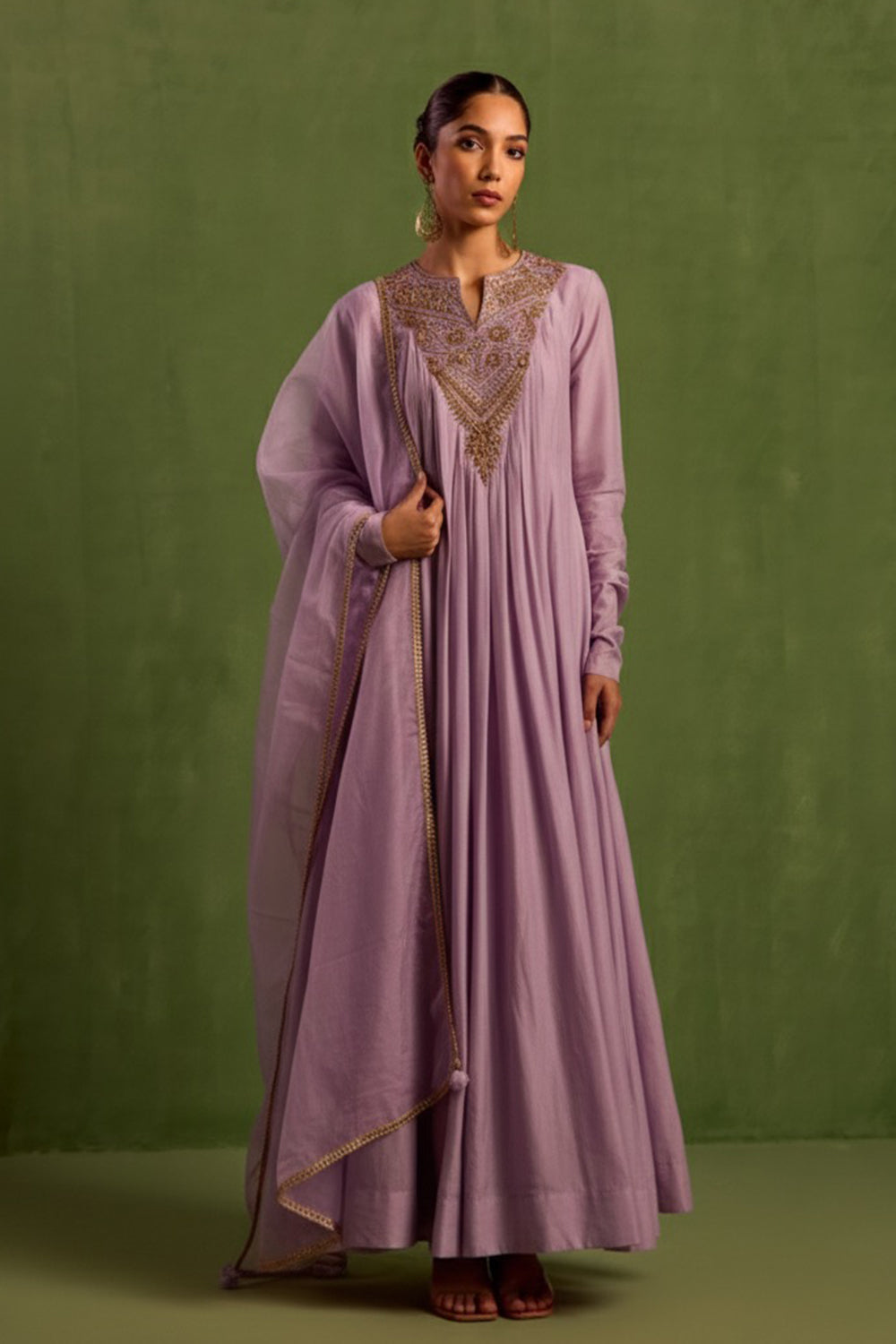 Chanderi Silk Hand Embroidered Kurta Set in Lilac