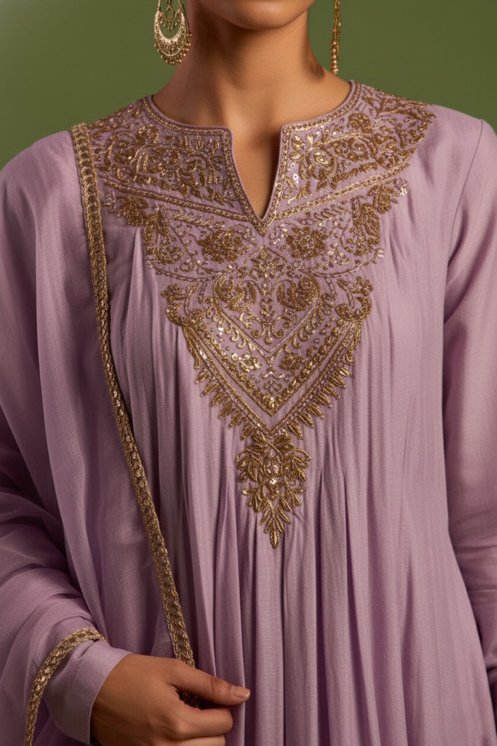 Chanderi Silk Hand Embroidered Kurta Set in Lilac