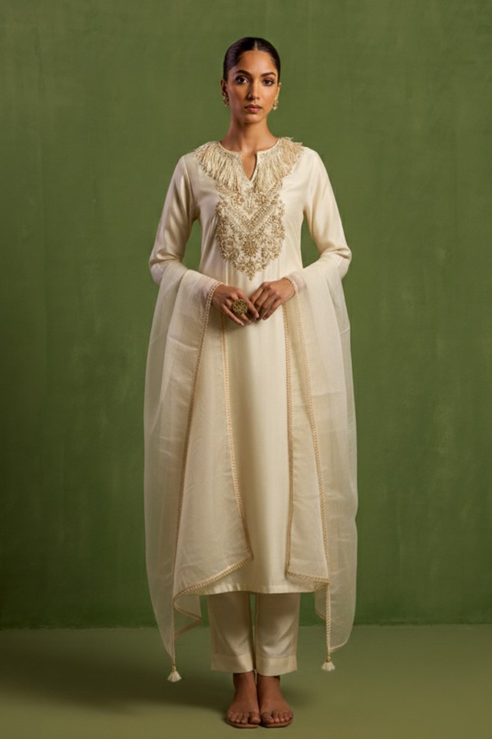 Chanderi Silk Hand Embroidered Kurta Set in Ivory