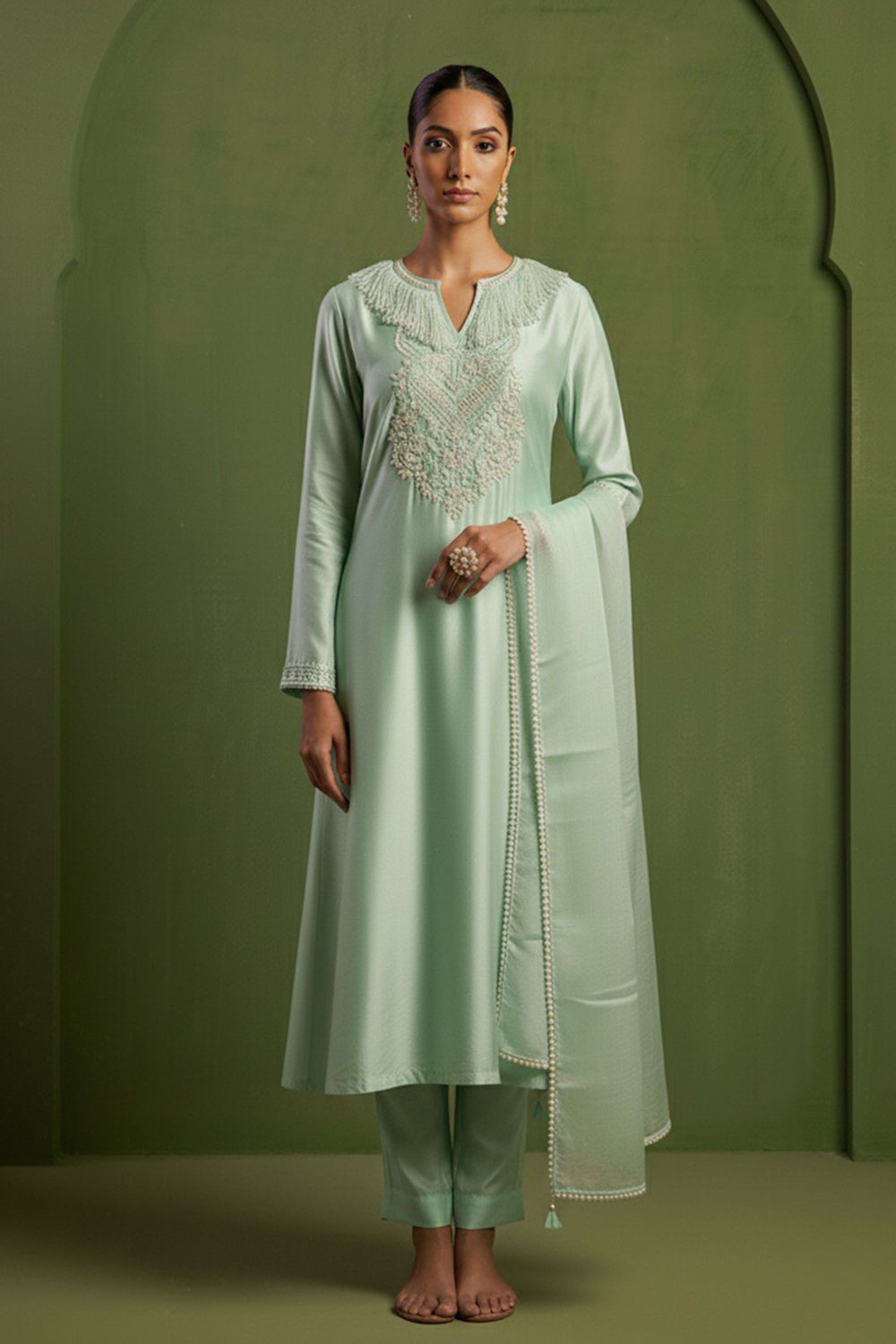 Chanderi Silk Hand Embroidered Kurta Set in Blue