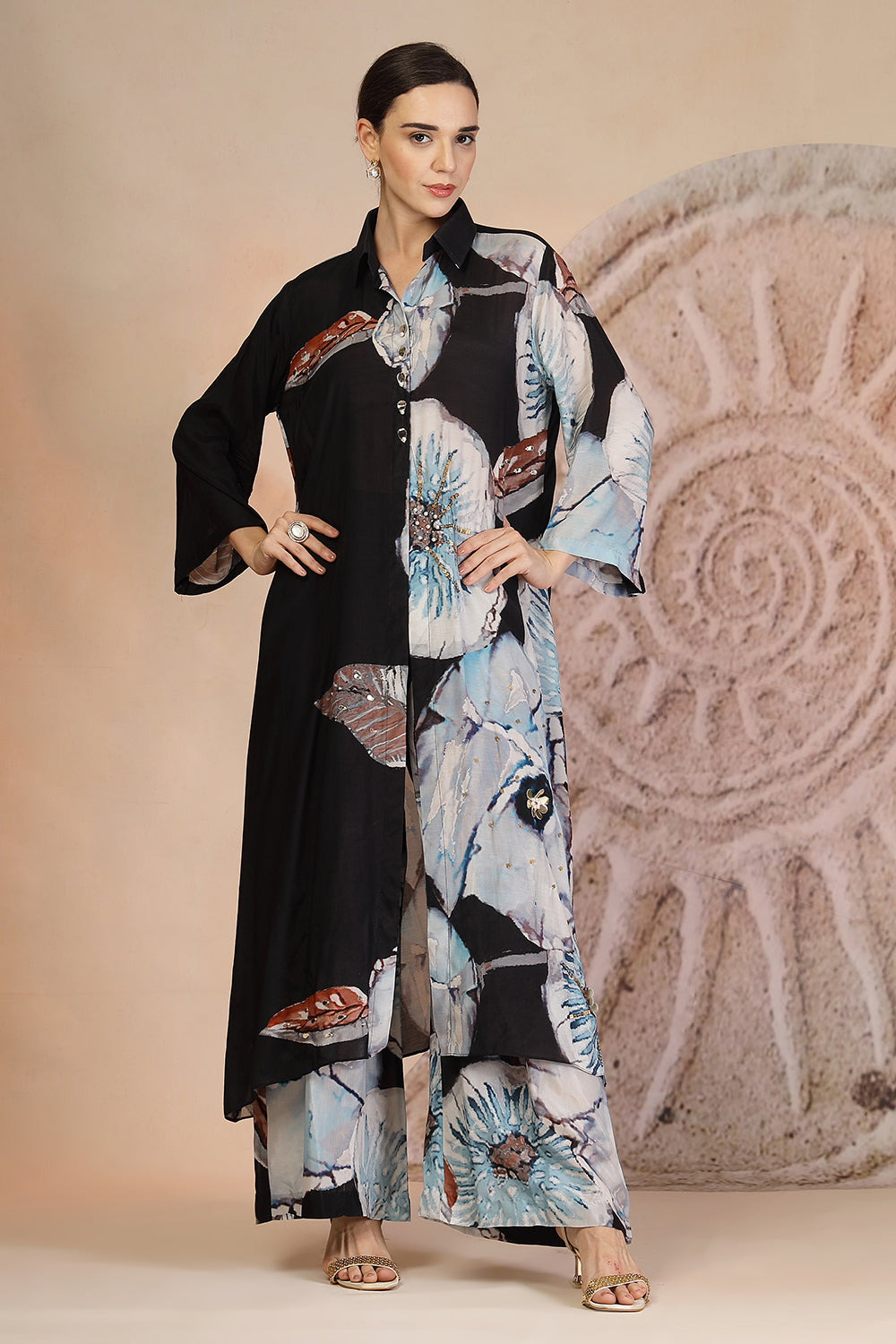 Charcoal Black Muslin Silk Kurta Set with Coral Print & Bead Embroidery