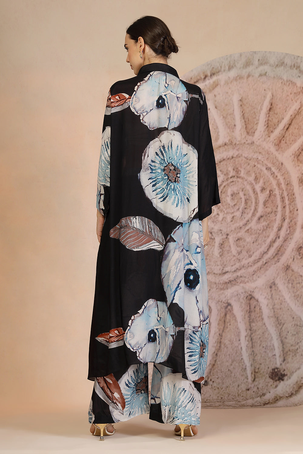 Charcoal Black Muslin Silk Kurta Set with Coral Print & Bead Embroidery