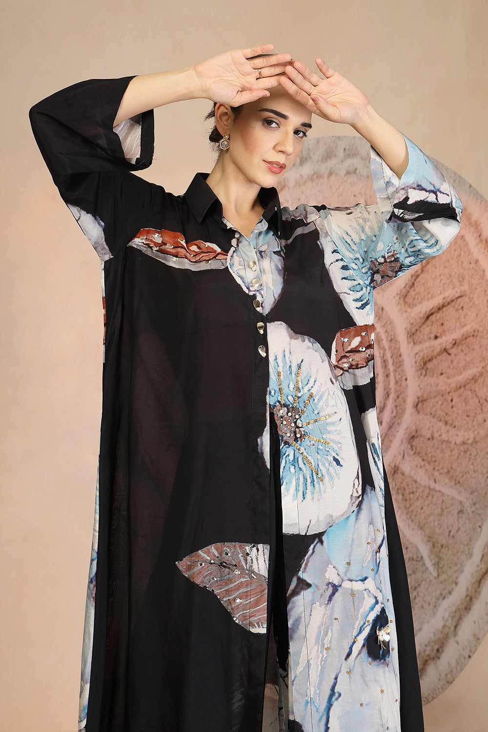 Charcoal Black Muslin Silk Kurta Set with Coral Print & Bead Embroidery