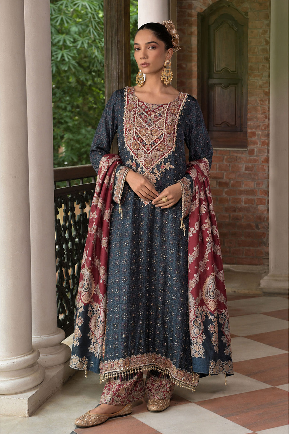 Charcoal Crepe A Line Long Kurta Set With Dupatta Design
