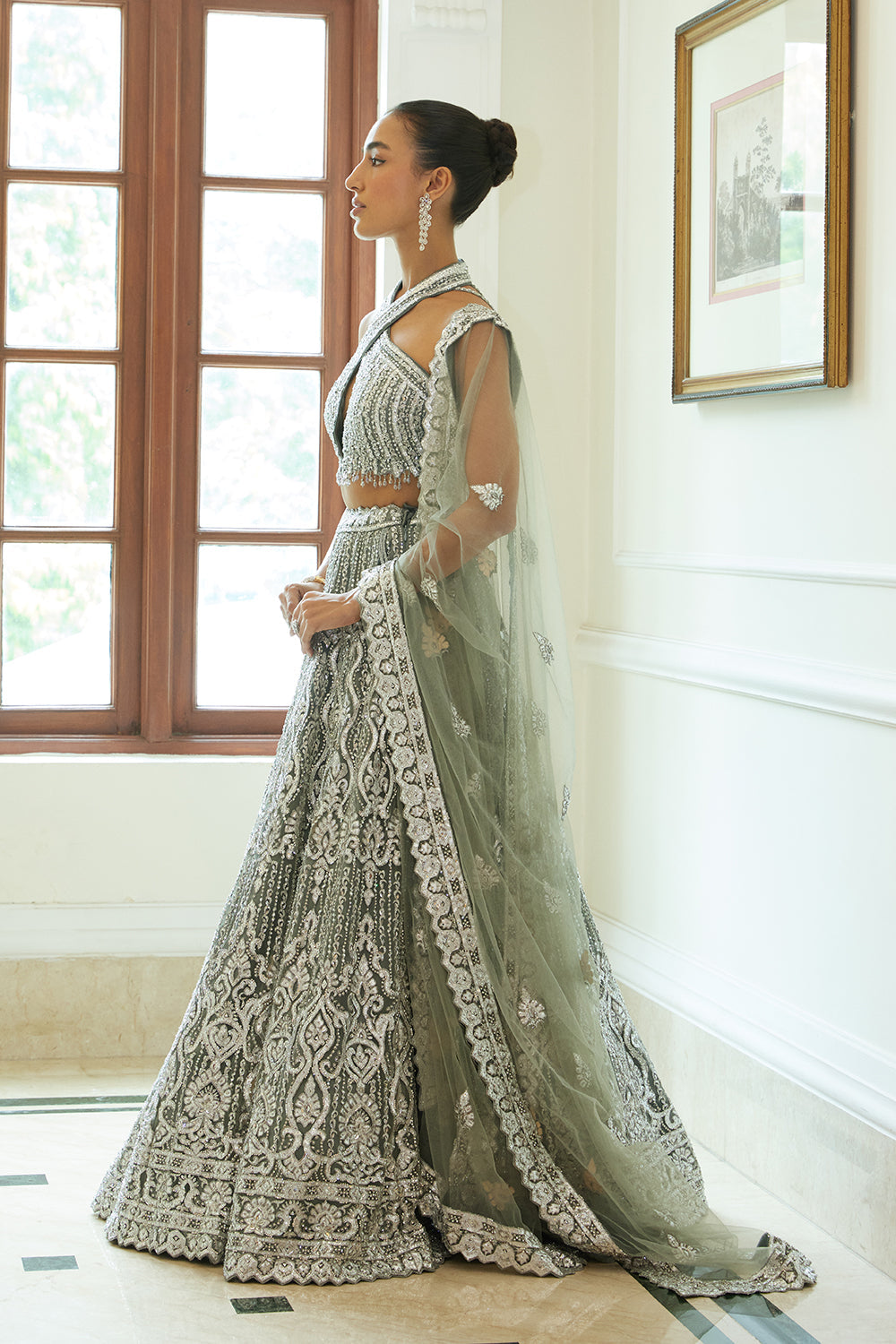 Charcoal Grey Net Lehenga Choli and Dupatta