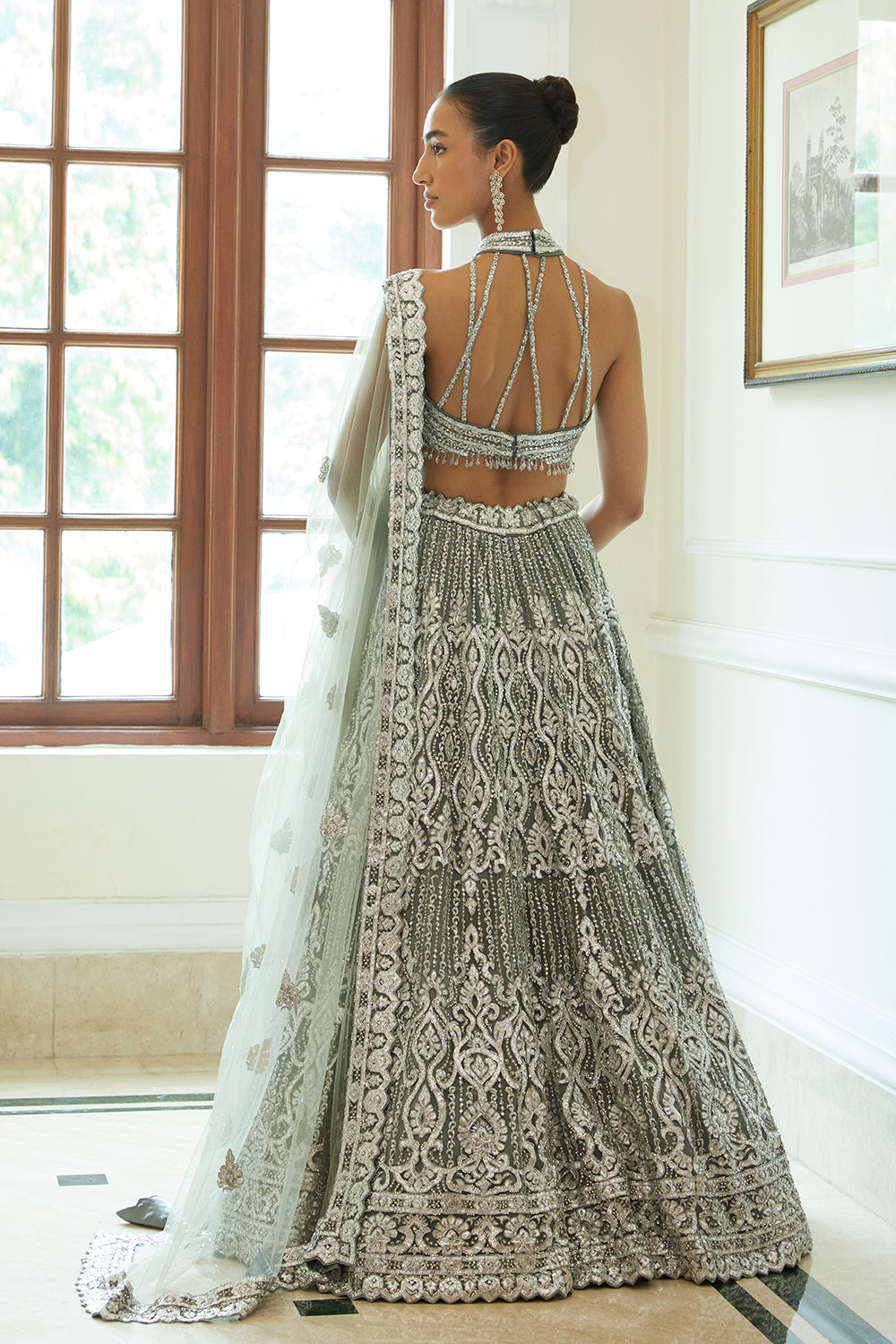 Charcoal Grey Net Lehenga Choli and Dupatta