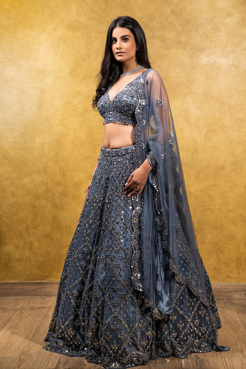 Charcoal Grey Tulle Lehenga