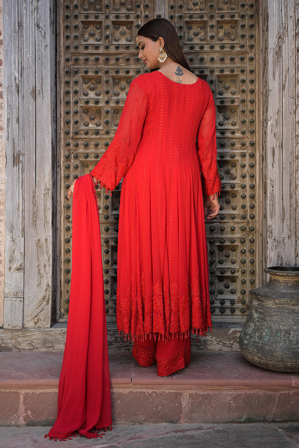 Classic Red Georgette Beads Work Anarkali Suit Set