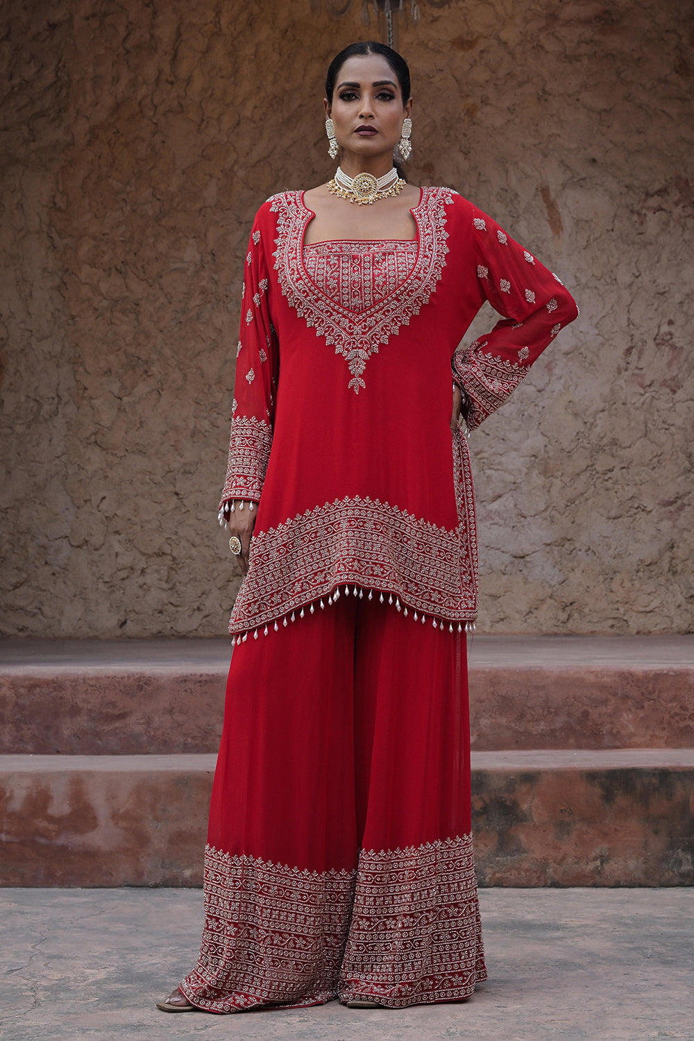 Classic Red Georgette Beads Work Kurta Palazzo Set