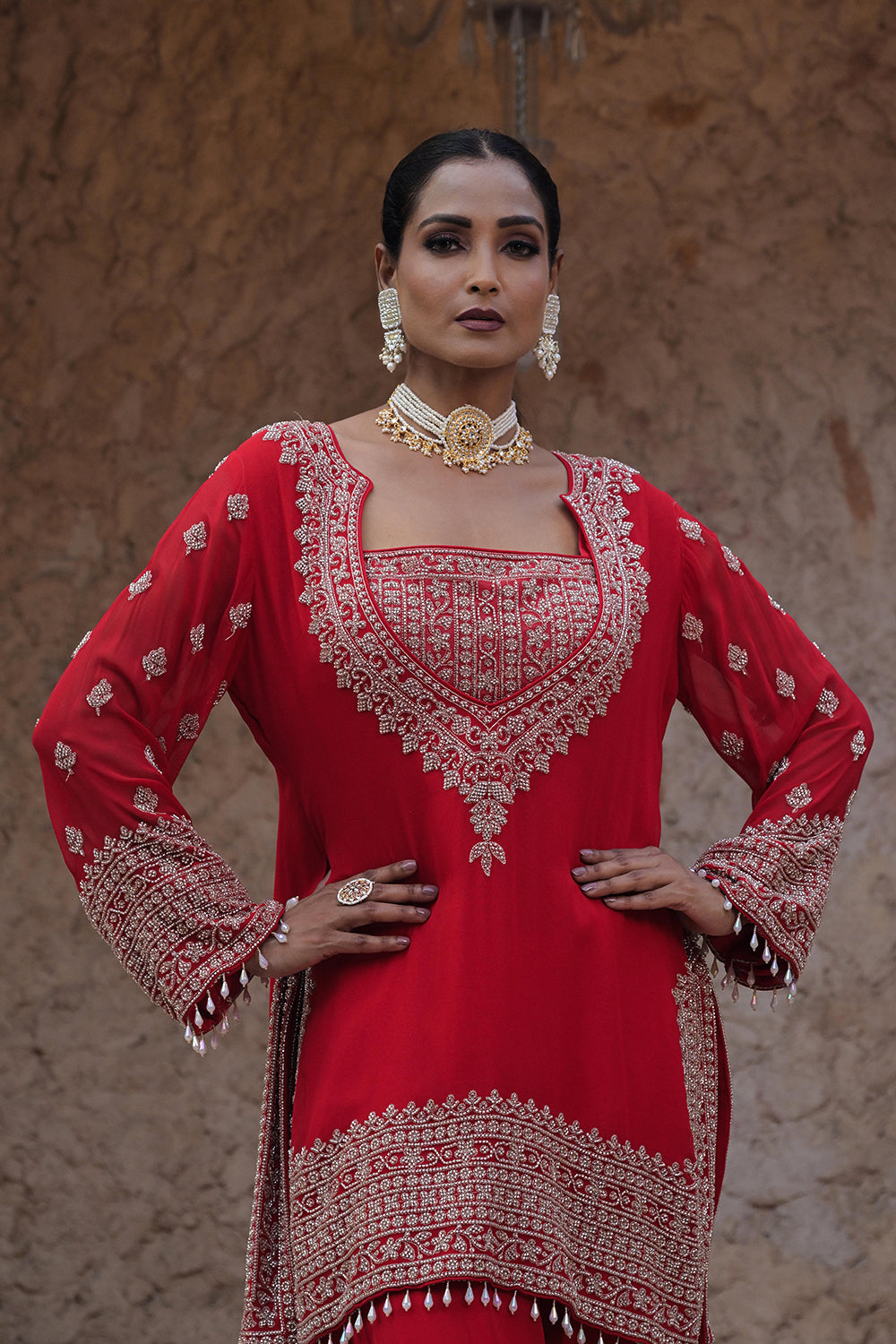 Classic Red Georgette Beads Work Kurta Palazzo Set