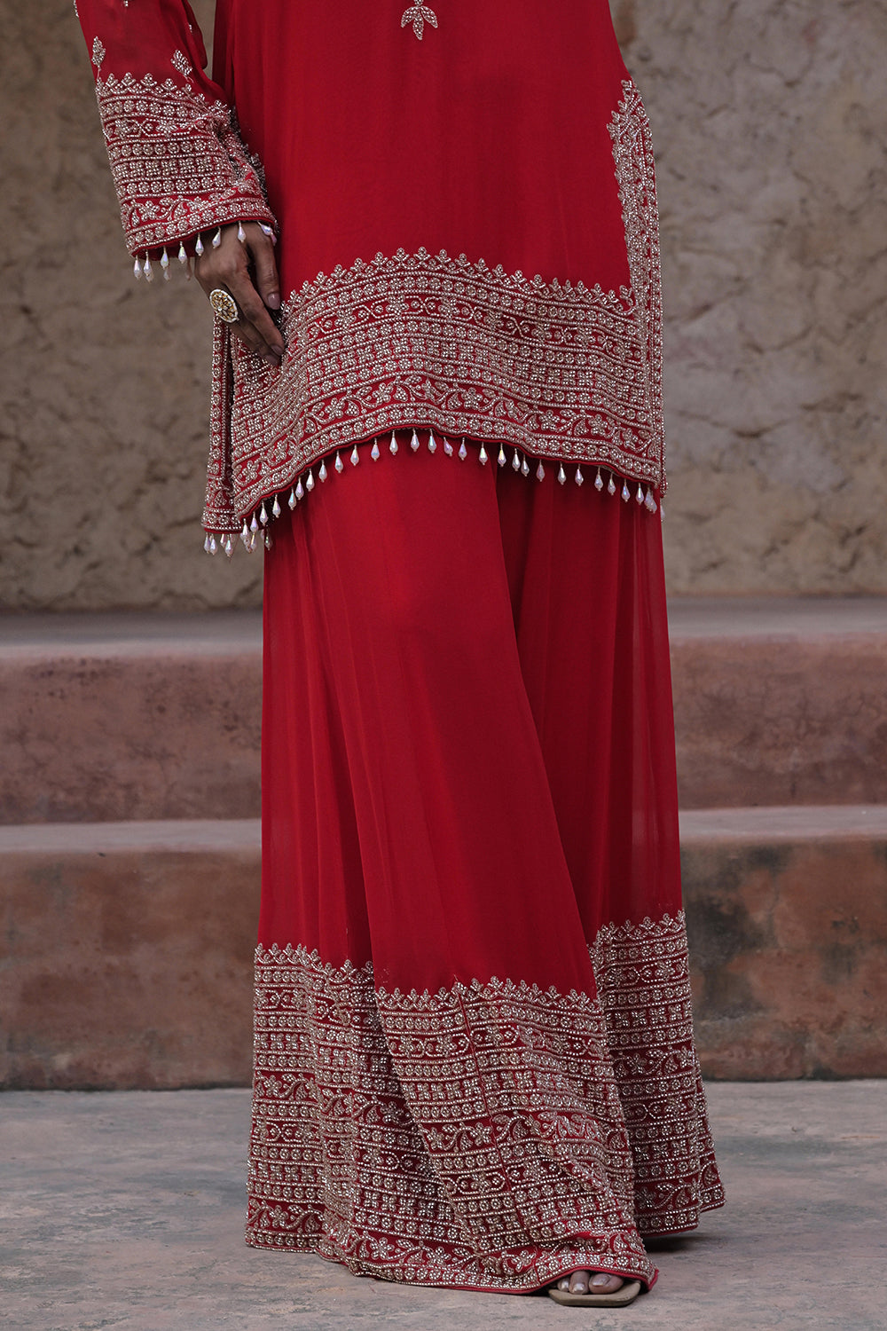 Classic Red Georgette Beads Work Kurta Palazzo Set