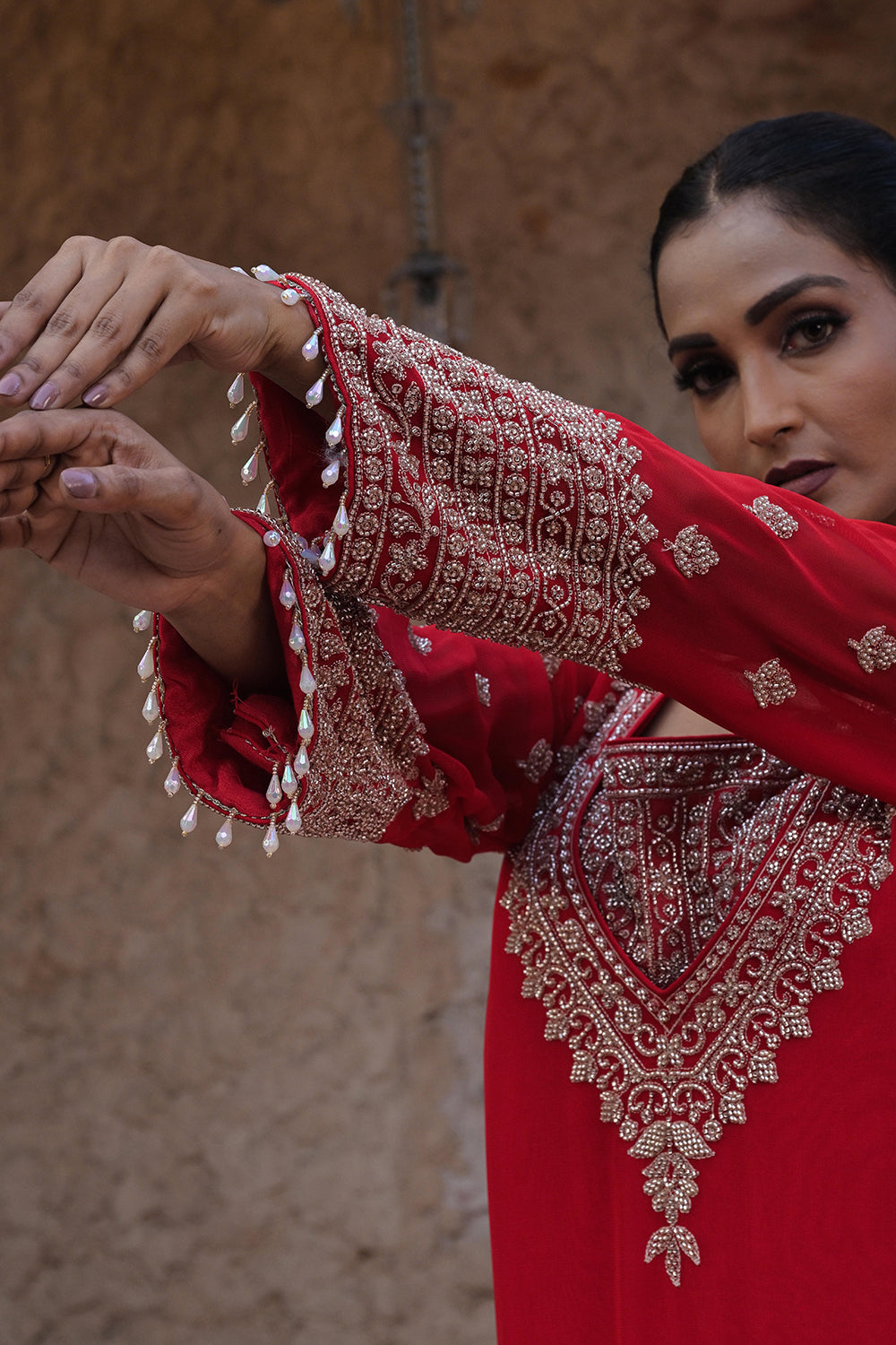 Classic Red Georgette Beads Work Kurta Palazzo Set