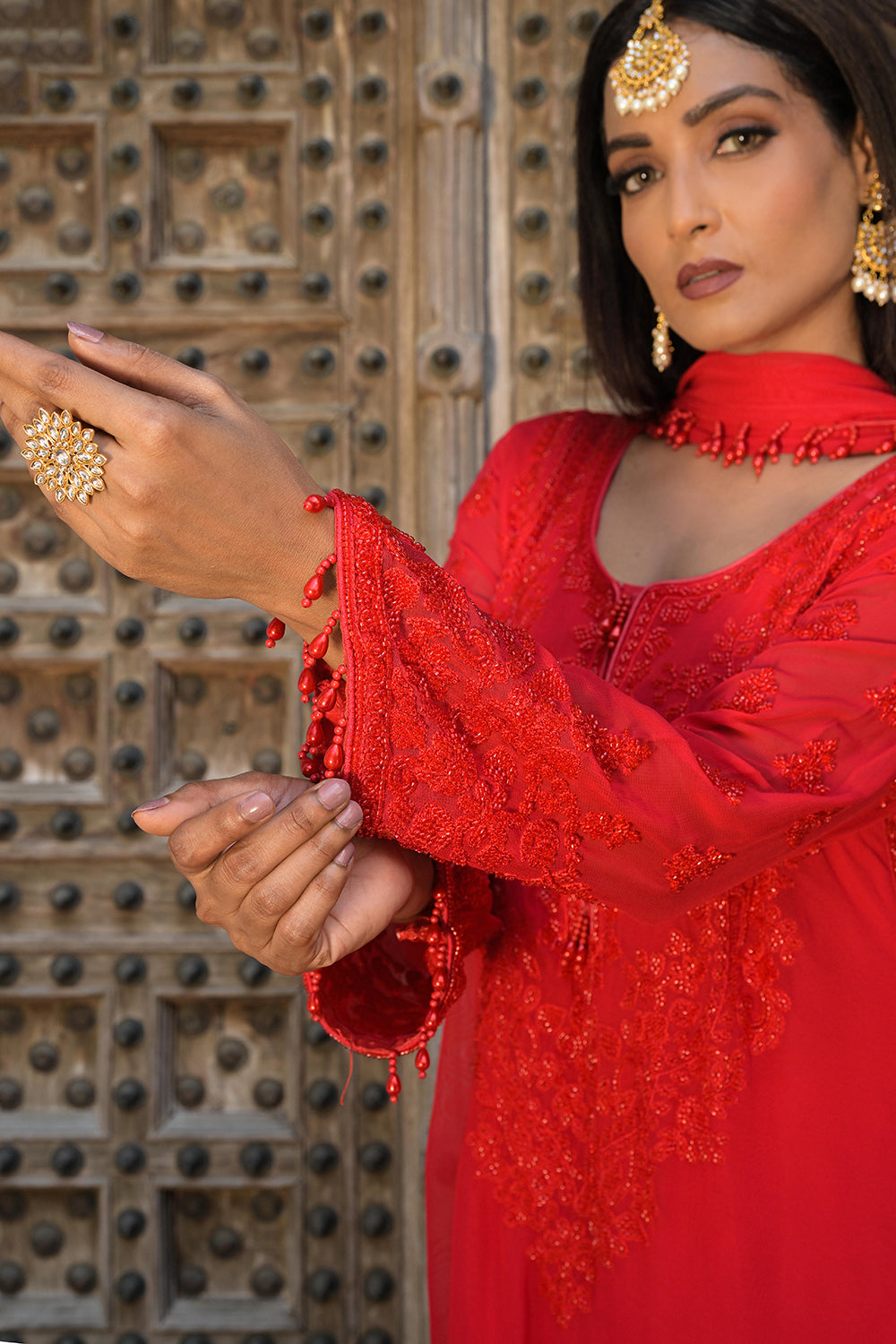 Classic Red Georgette Beads Work Straight Kurta Set