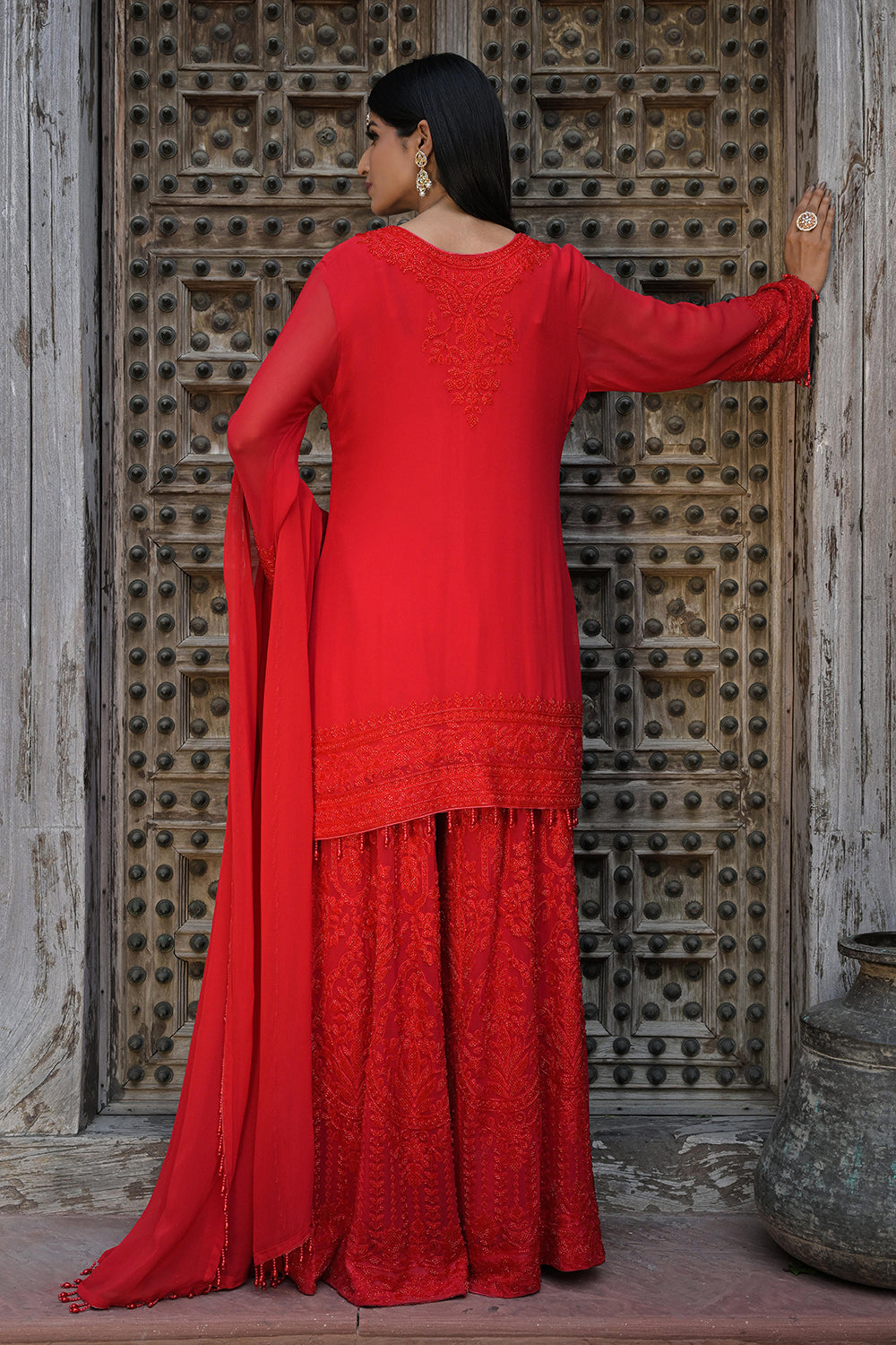 Classic Red Georgette Kurta Sharara Set with Beads Embroidery