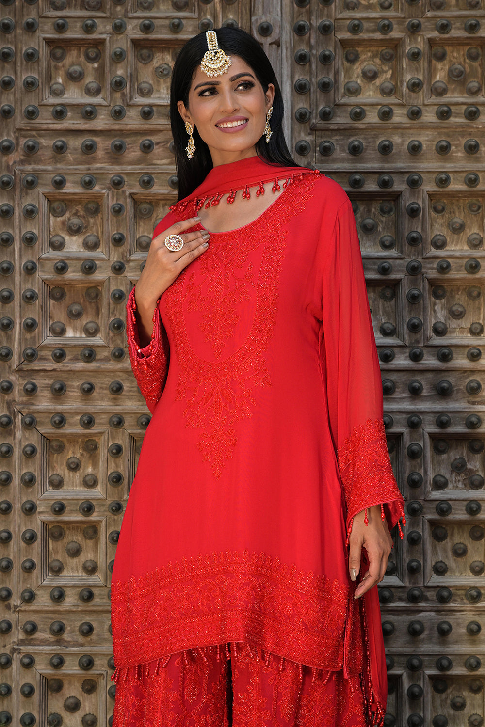 Classic Red Georgette Kurta Sharara Set with Beads Embroidery