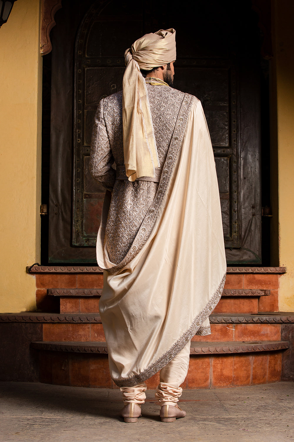 Coffee Raw Silk Achkan With Belt And Monga+Churidar