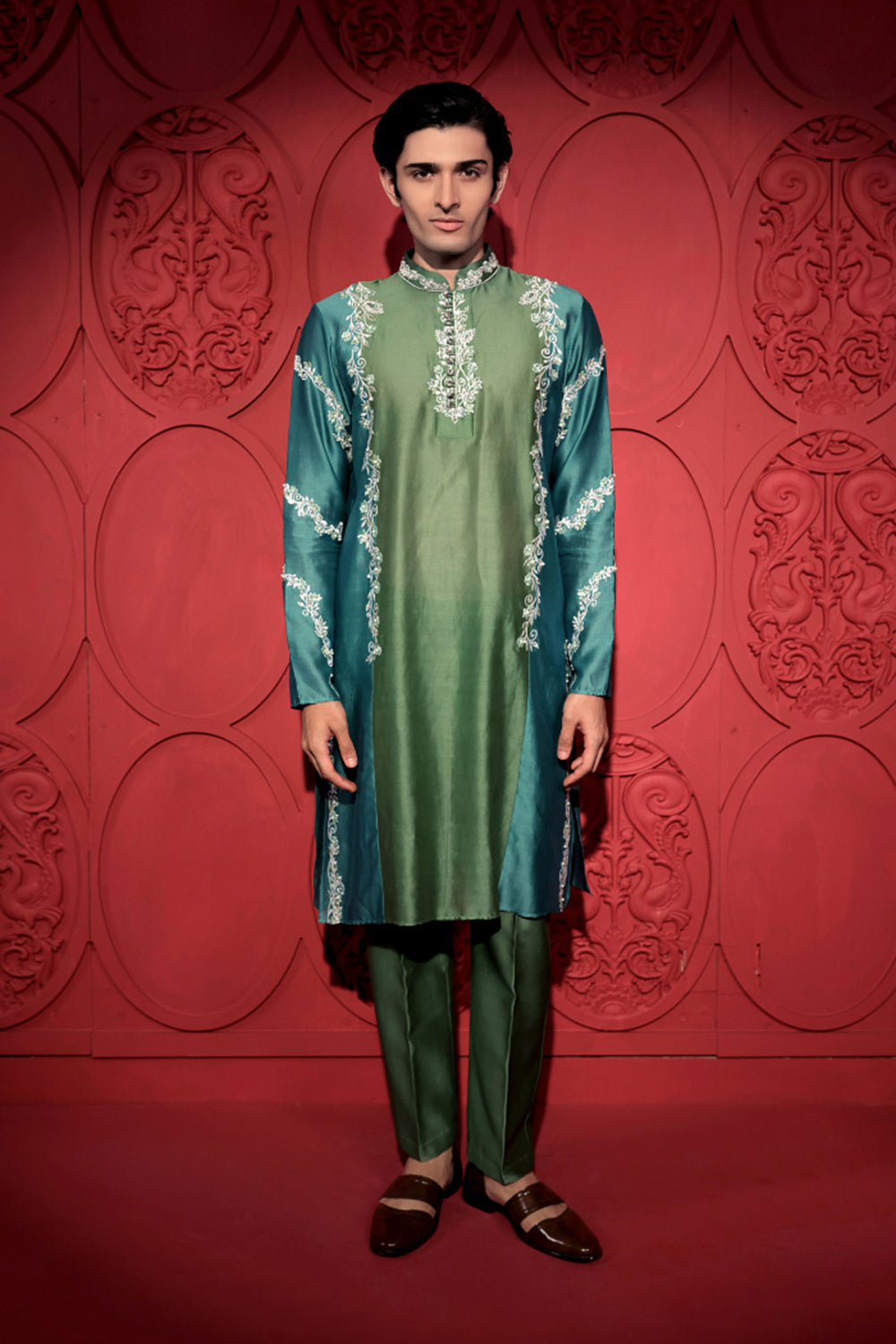 Colorblock Embroidered Green and Blue Kurta Set