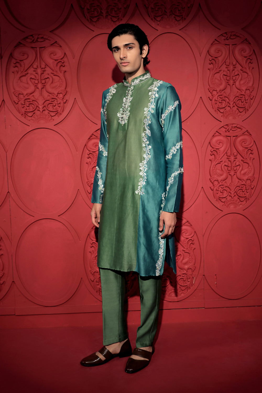 Colorblock Embroidered Green and Blue Kurta Set