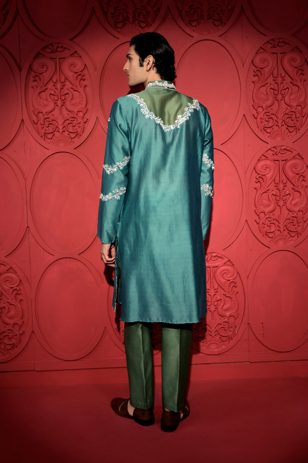 Colorblock Embroidered Green and Blue Kurta Set