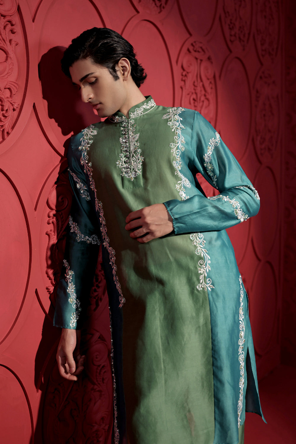 Colorblock Embroidered Green and Blue Kurta Set