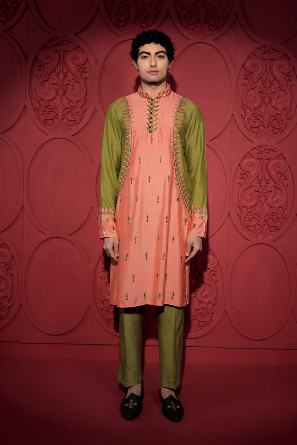 Colorblock Embroidered Peach and Olive Green Kurta Set
