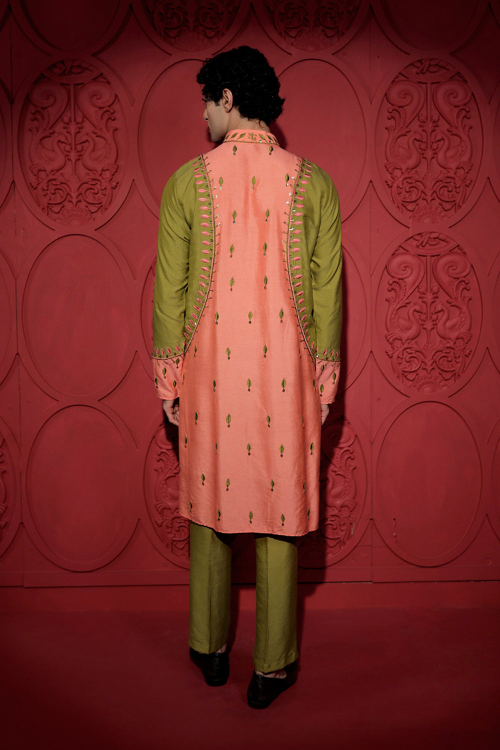 Colorblock Embroidered Peach and Olive Green Kurta Set