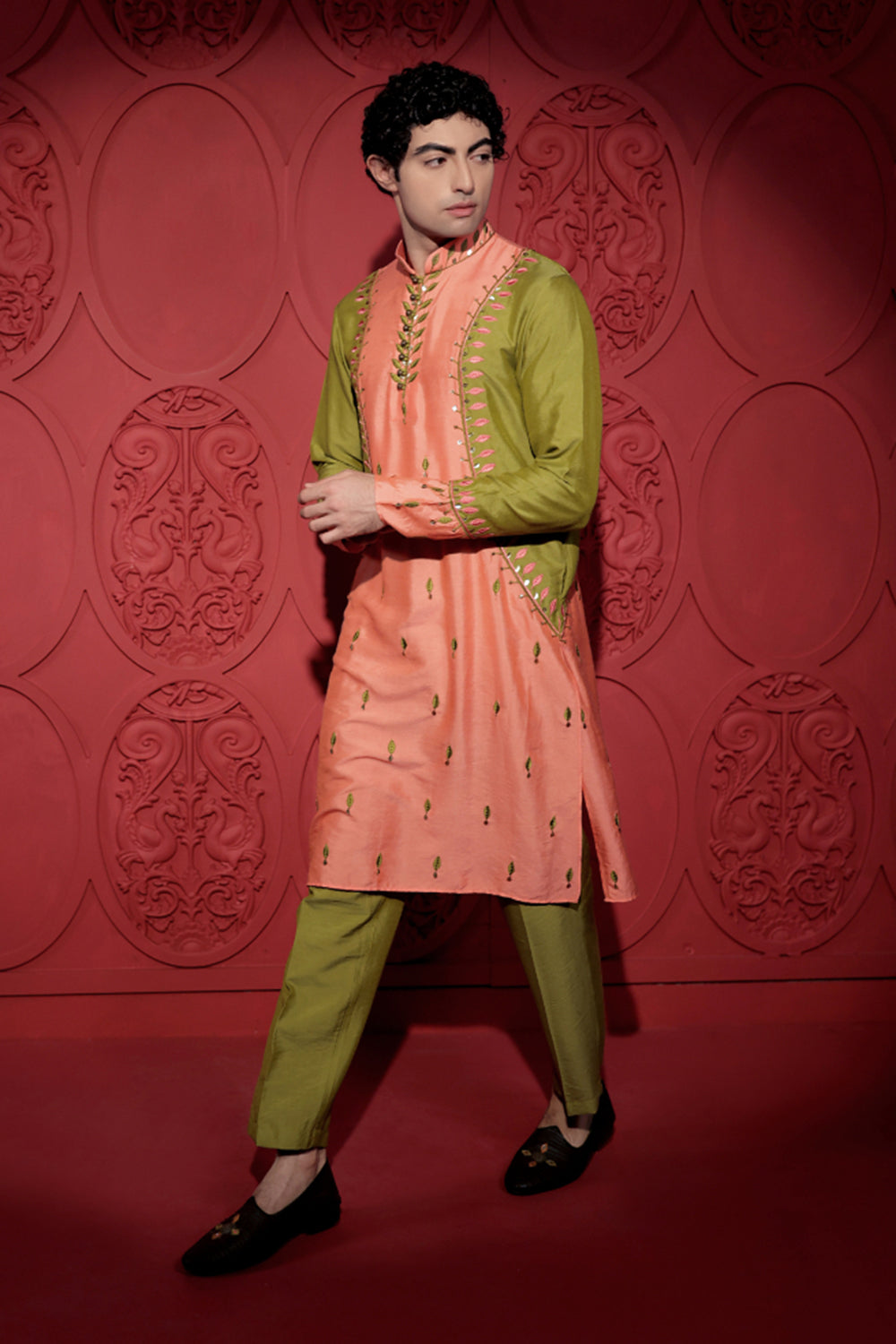 Colorblock Embroidered Peach and Olive Green Kurta Set