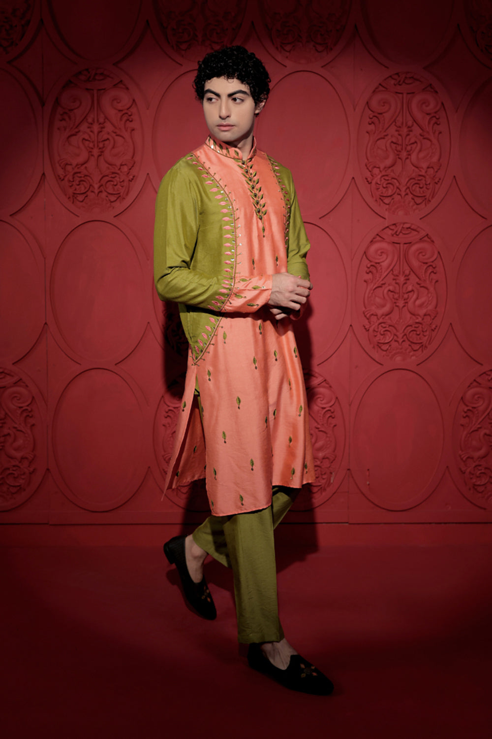 Colorblock Embroidered Peach and Olive Green Kurta Set